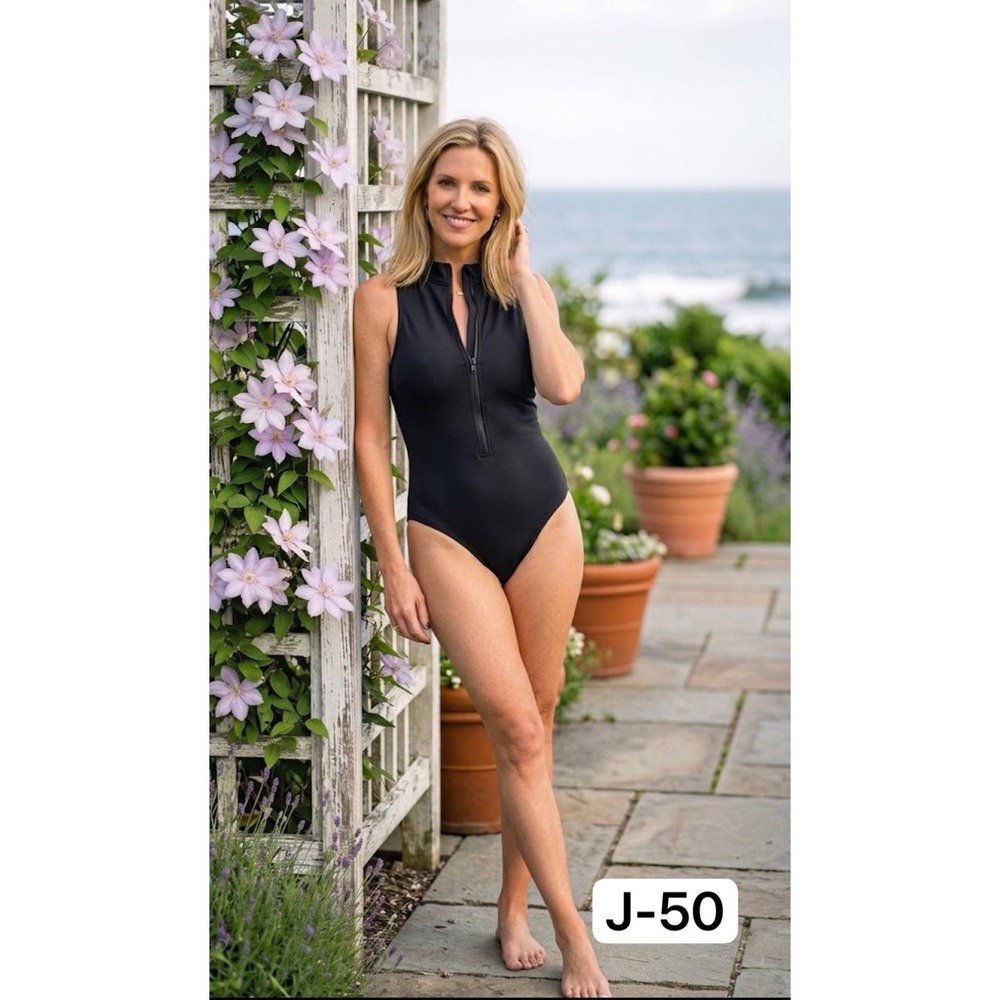 NWT Dippin Daisys Offshore Black Zip Front Mock Neck One Piece Swimsuit M Goth